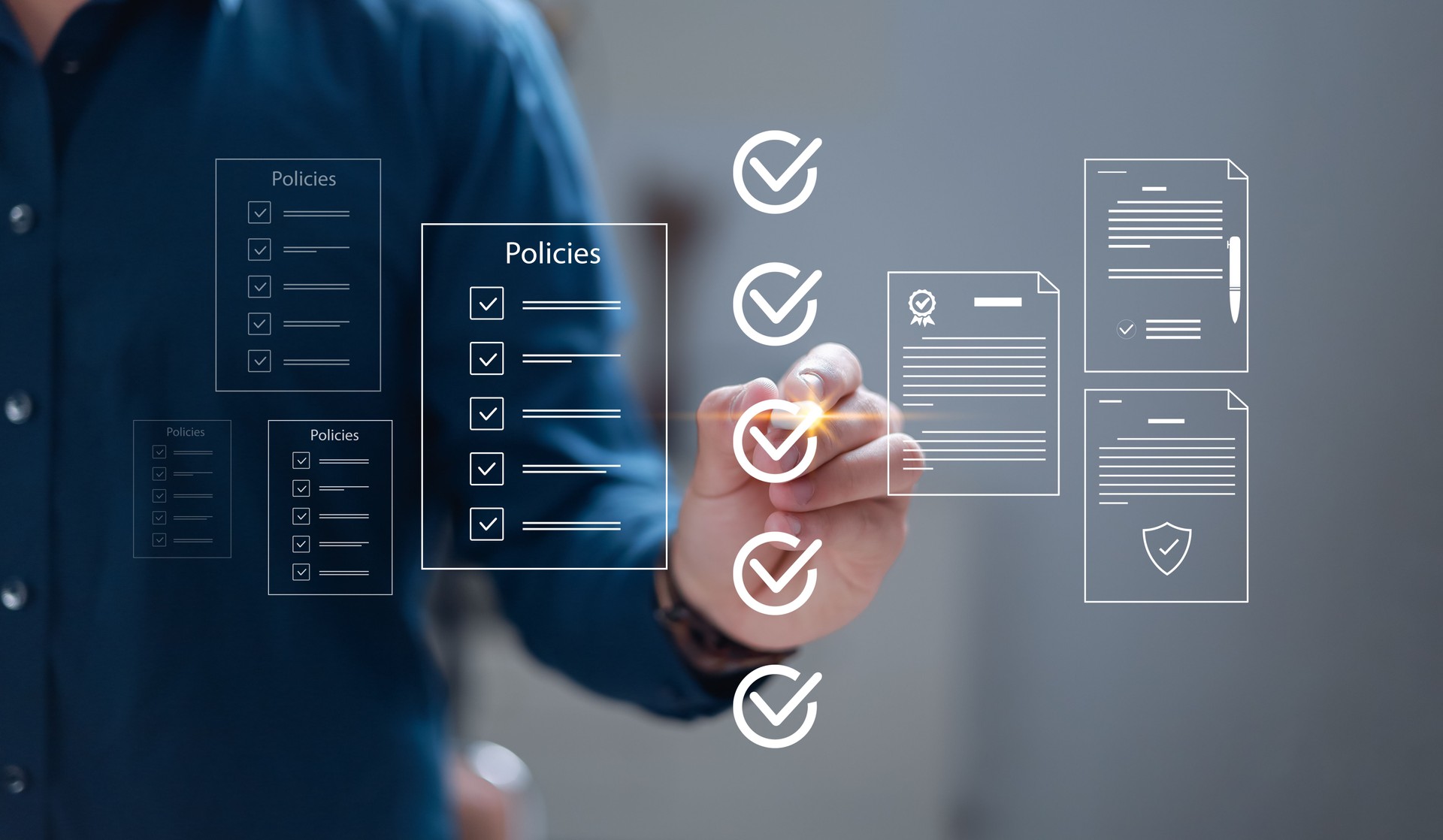 Policy Documents and Legal Compliance Concepts Individuals will review digital documents, checklists, certificates, and financial details. Policy Management Legal Compliance